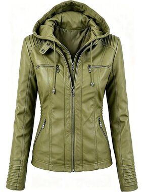 Women’s Green Hooded Faux Leather Motorcycle Jacket Zip Up Casual Biker Coat